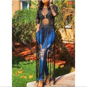 Black mesh Fringe lace bodysuit top